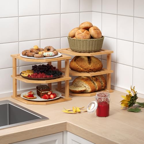 3-Tier Bamboo Corner Shelf Organizer - 2 Pack Kitchen Counter Storage Rack