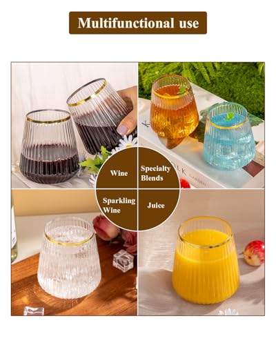 36 Pack 12oz Stemless Plastic Wine Glasses with Gold Rim, Ribbed Design
