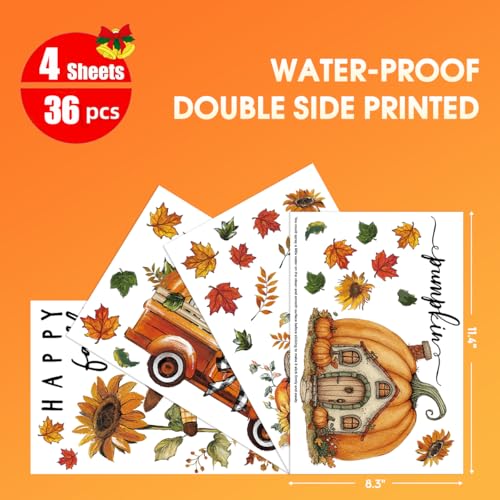 36 PCS Fall Window Cling Stickers - Scarecrow, Sunflower & Pumpkin Decor