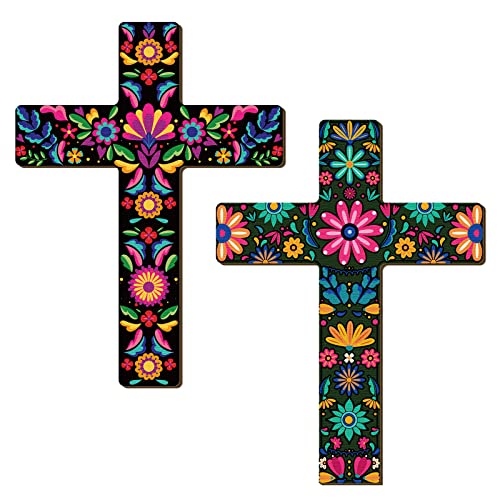 Mexican Floral Cross Wall Decor, 2 Pcs Hand Painted Wooden Wall Art