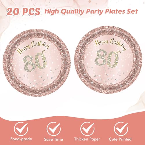 80th Birthday Decorations Rose Gold Party Supplies - 20 Plates & Napkins - Girl Women
