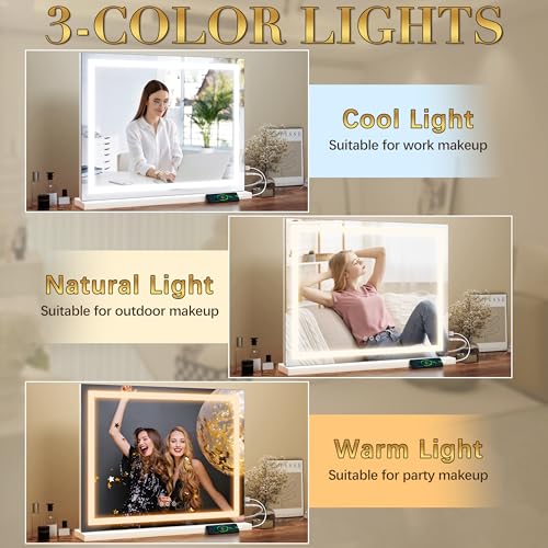 ROLOVE 23x18 Inch Makeup Mirror with Lights, Detachable Magnifier