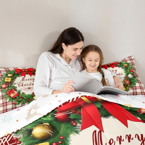 Feelyou Checkered Wreath Comforter Set Twin Size Christmas Bedding Beige Red Green