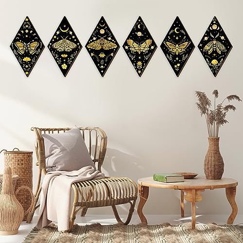 6-Piece Gothic Moth Wall Art Set, Wooden Boho Sun and Moon Hanging Decor