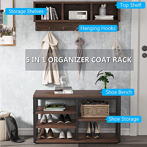 Tribesigns Rustic Brown 5-in-1 Industrial Shoe Rack Bench with Coat Hooks and Cubby Storage