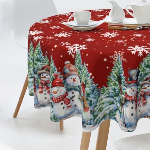 Geoocii Christmas Snowman Tablecloth 60-Inch Round Red Holiday Decor