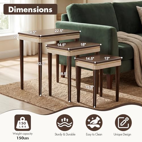 3-Piece Nesting Table Set, Mid-Century Walnut Side Tables with Gold Trim