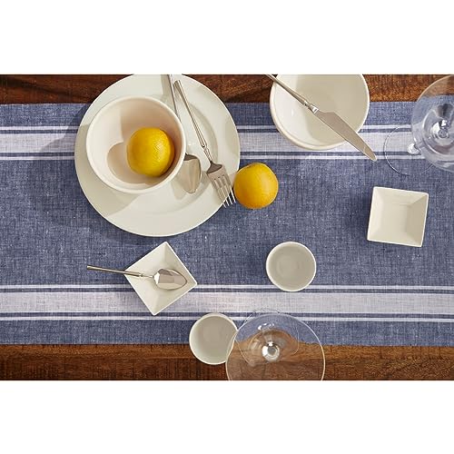 Solino Home Blue Linen Table Runner 14x120 Inches, Country Stripe, Handmade