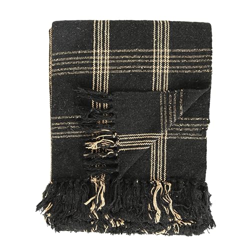 Plaid Black & Tan Fringed Woven Cotton Blend Throw