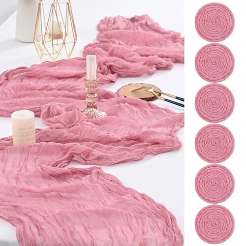 FXKS 6 Pack Dusty Rose Cheesecloth Table Runner 20x120 Inch for Weddings & Events