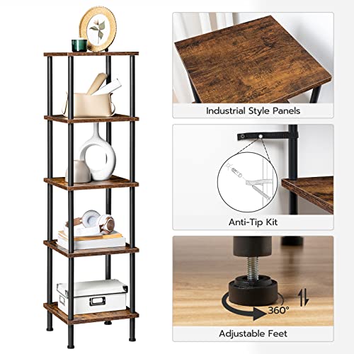5-Tier Industrial Corner Shelf, Tall Rustic Brown Storage Display Rack