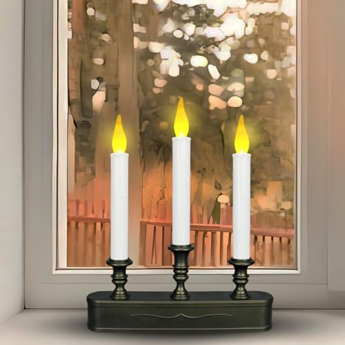 LitTerra Battery Operated Window Candle with Timer - 3 LED Antique Bronze Flickering Flames