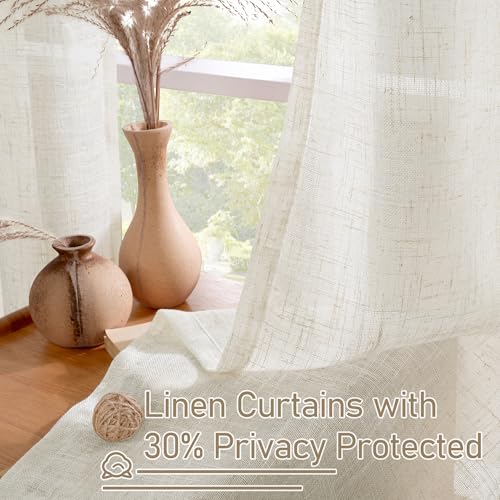 Ivory Semi Sheer Linen Curtains 84 Inch - Light Filtering Drapes (Set of 2)