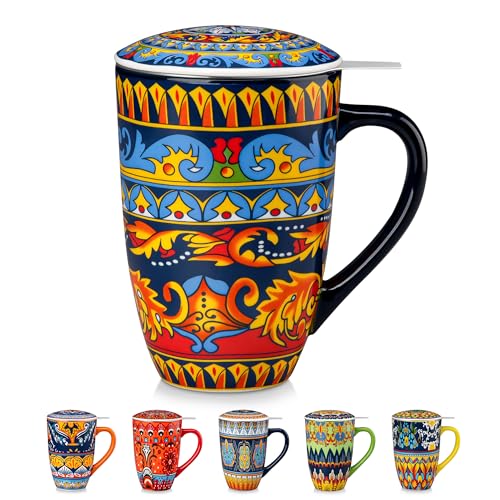 Vancasso Midnight Peacock 18 oz Tea Infuser Mug with Lid - Elegant Ceramic Coffee & Tea Cup