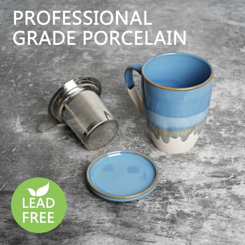 Bosmarlin Light Blue Ceramic Tea Mug with Infuser & Lid, 13.5oz, Dishwasher & Microwave Safe