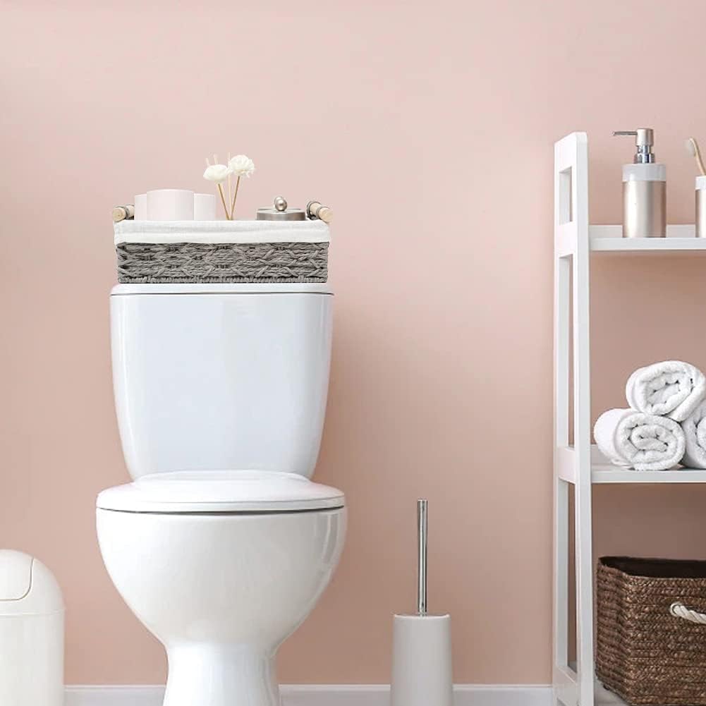 Storage Basket Set of 2 - Wicker Baskets for Organizing Counter & Toilet Paper - Grey