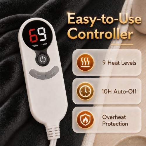 Full Size Electric Heated Blanket with 9 Heat Levels - Soft Flannel & Sherpa - Machine Washable
