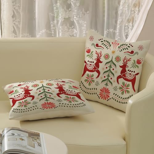 DAFENA 18x18 Inch Red Green Deer & Christmas Tree Holiday Throw Pillow Covers - Pack of 2