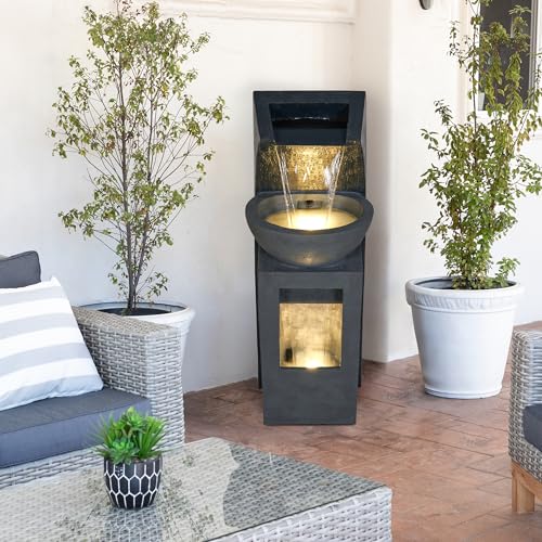 41H Outdoor Basin Waterfall Fountain with LED Lights for Garden Patio Yard - Gray