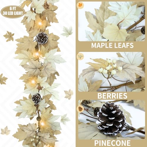 Ghrdopy 6 FT Fall Garland with Lights, Timer, Berries, Pine Cones - Style2