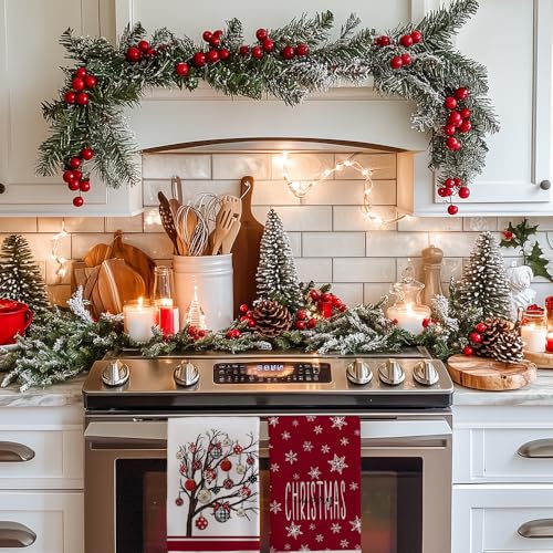 DineDia Dark Red Merry Christmas Kitchen Towels Set of 2 – 18x26, Snowflake Bells