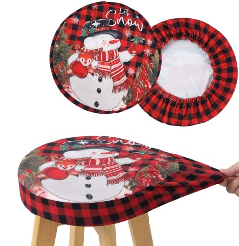 YISUN Round Bar Stool Covers 16-18 in Set of 2 – Red Buffalo Plaid Snowman Reindeer Holiday