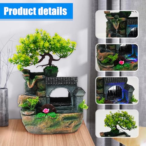 Tabletop Waterfall Fountain with LED Light & Faux Bonsai Tree - 11 Inch