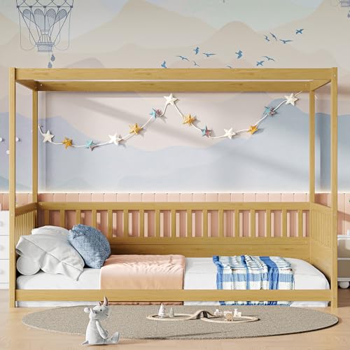 Full Size Montessori Floor Bed Frame with Canopy and Safety Guardrails