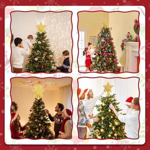 Sparkling Gold Star Christmas Tree Topper with LED Rotating Projector