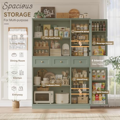 72-Inch Tall Kitchen Pantry Cabinet with Swing-Out Doors and Drawers, Green