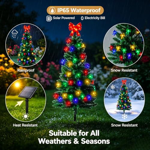 4ft Solar Christmas Tree with Bow Lights – Outdoor Garden Yard Decor (1 Pack, 50 Bow LEDs, IP65)