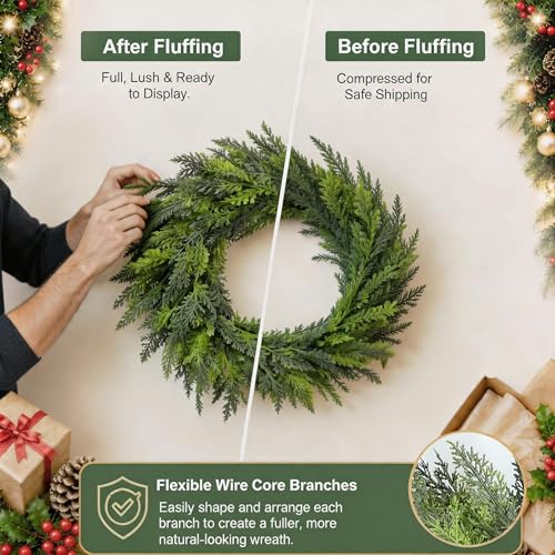 24 Inch Cedar Christmas Wreath for Front Door - Realistic Artificial Evergreen