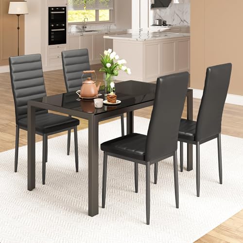 5-Piece Tempered Glass Dining Table Set for 4 with Leather Chairs