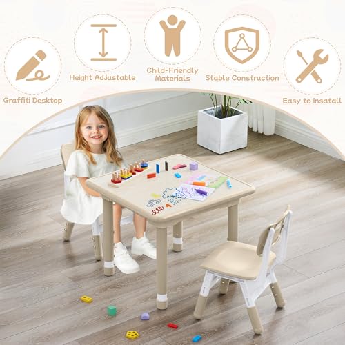 GITAWUSA Toddler Height Adjustable Table and 2 Chairs Set 23.6x23.6 Natural