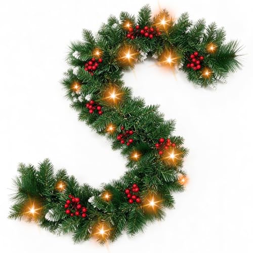 Luxvano 9ft Pre-Lit Flocked Christmas Garland with 30 LED Lights, Red Berries, Battery Operated
