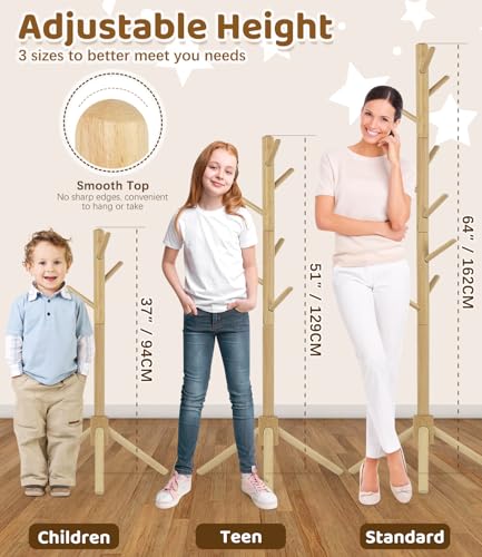 Adjustable Beech Wood Kids Coat Rack - 9-Hook Freestanding Clothing Stand
