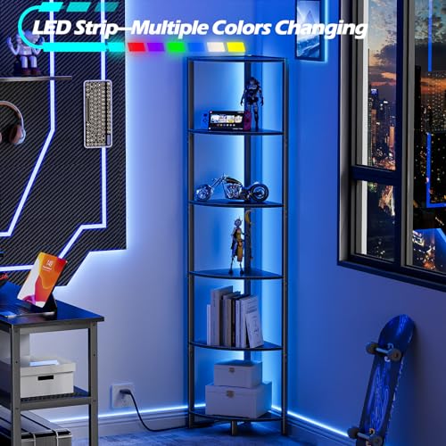 6 Tier Corner Shelf with LED Light, 67.5 Inch Black Tall Bookshelf and Storage Rack for Living Room