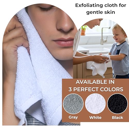 Soft 100% Cotton Washcloths - 12x12 Inch White Terry Towels, 6 Pack