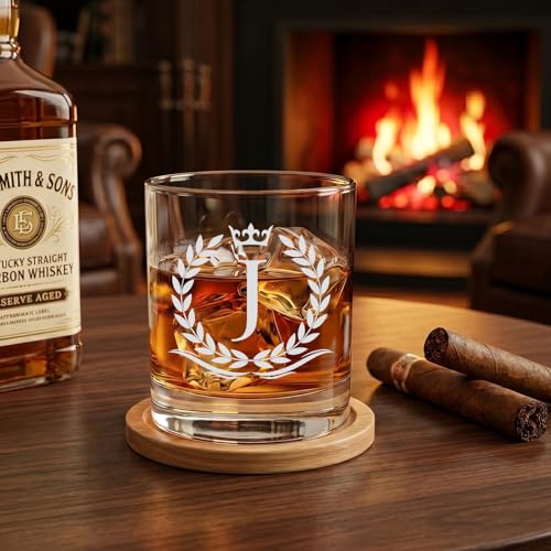 Personalized Whiskey Glass Gift Set with Custom Initial J - Vintage Wooden Barrel, Chilling Stones & Coaster
