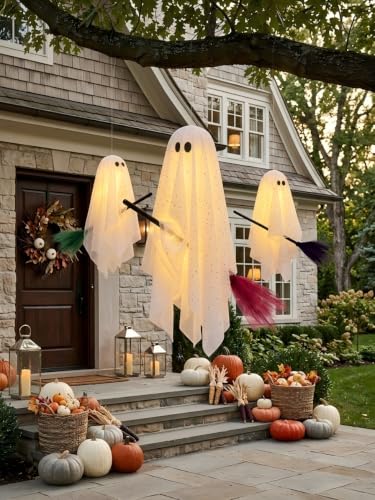 3-Pack Light-Up Hanging Halloween Ghosts on Brooms - Yard & Porch Decor