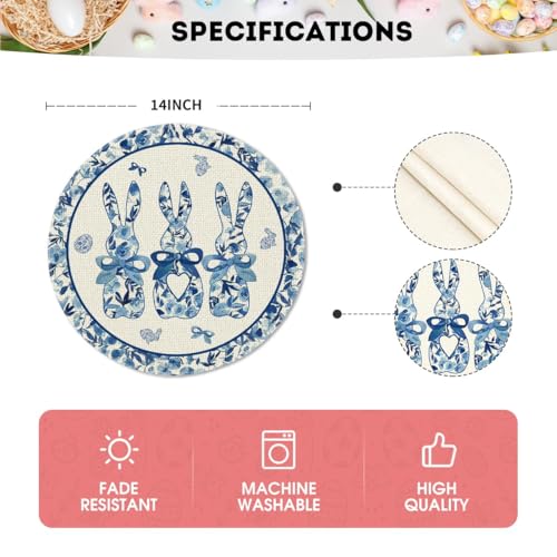 Artoid Mode Blue and White Porcelain Bunny Easter Placemats Set of 4, 14-Inch Round Spring Table Decor