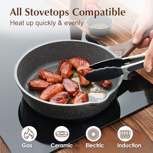 Nonstick Deep Frying Pan with Lid - 10 Inch Granite Saute Pan 3.5QT