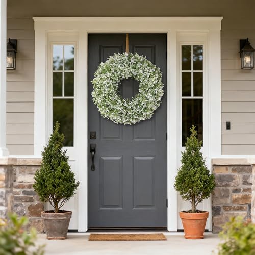 26-Inch Artificial Boxwood Wreath for Front Door, UV-Resistant Faux Greenery