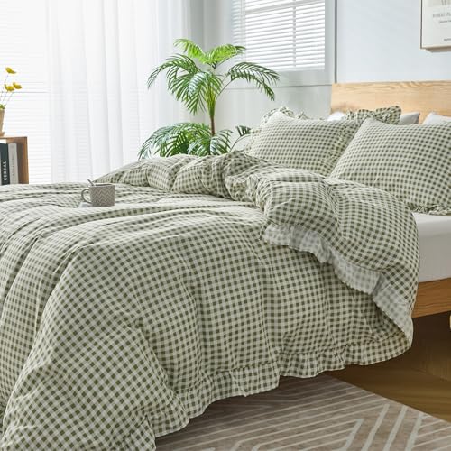 Sage Green Gingham Duvet Cover Set Queen, 3-Piece Soft Microfiber Ruffle Bedding