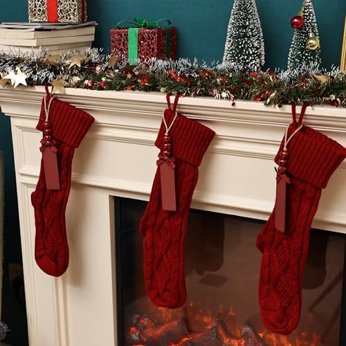 Red 4 Pack Personalized Christmas Stockings with Wooden Name Tags, 18 Inch