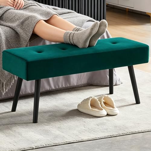 40-Inch Upholstered Entryway Bench with Metal Legs, Dark Green Velvet