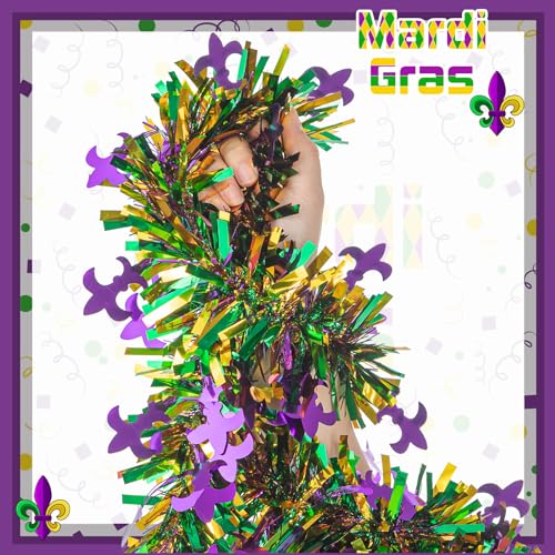 Mardi Gras Tinsel Garland - 33ft Metallic Purple, Green & Gold Decor