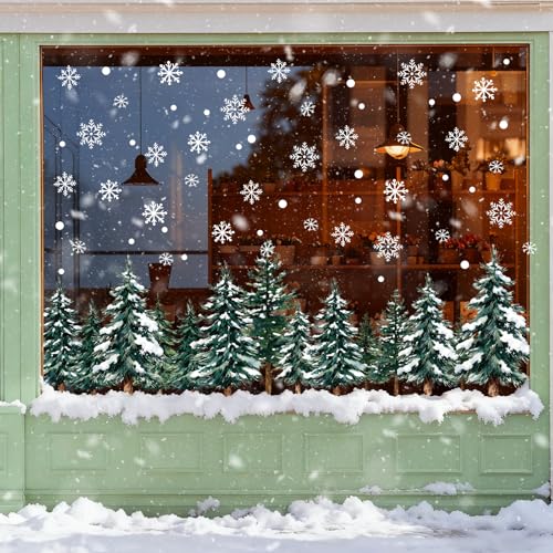 Pseutio 124 Pcs Large Christmas Window Clings - 4 Sheets Snowflake Tree Decor (Variation: Christmas Trees)