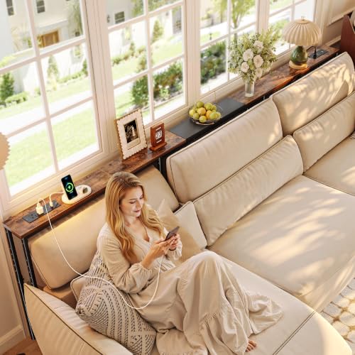 Extendable Narrow Sofa Console Table with Outlets & USB-C, Rustic Brown
