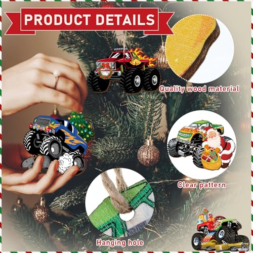 Thyle Monster Trucks Christmas Ornaments - 36 Wooden Holiday Decorations